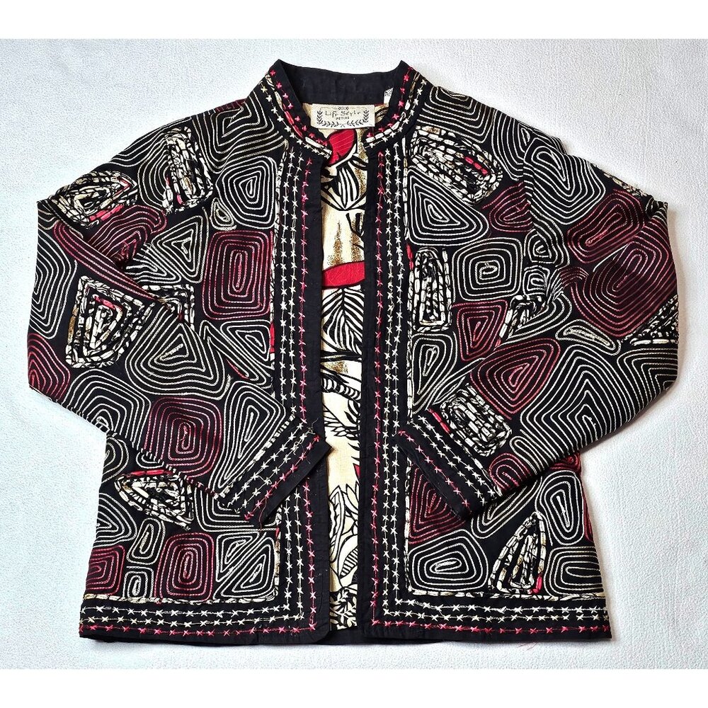 Life style Petite Women PS Red Black Embroidered Abstract Jacket